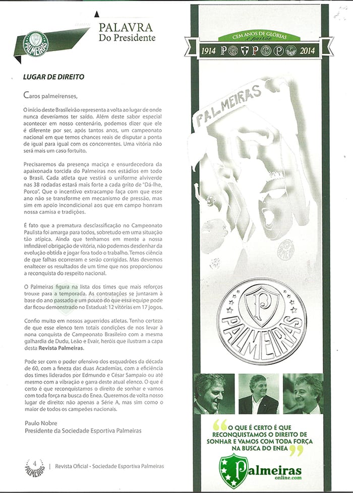 Editorial do presidente Paulo Nobre para a Revista do Palmeiras.