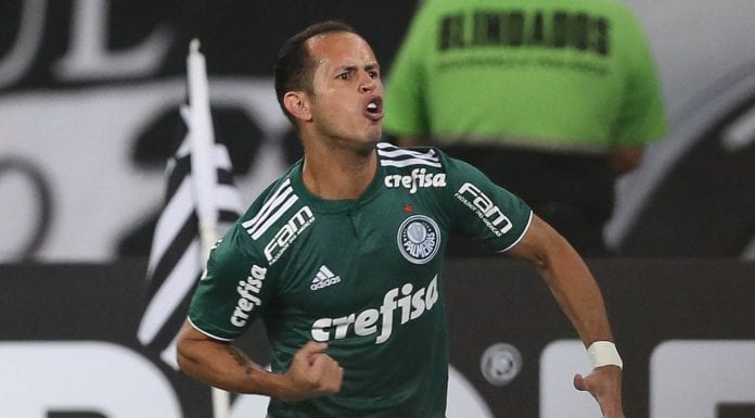 O jogador Guerra, da SE Palmeiras, comemora seu gol contra a equipe do Botafogo FR, durante partida válida pela primeira rodada, do Campeonato Brasileiro, Série A, no Estádio Nilton Santos (Engenhão).