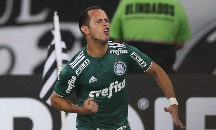 O jogador Guerra, da SE Palmeiras, comemora seu gol contra a equipe do Botafogo FR, durante partida válida pela primeira rodada, do Campeonato Brasileiro, Série A, no Estádio Nilton Santos (Engenhão).