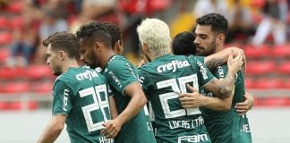 O jogador Bruno Henrique, da SE Palmeiras, comemora seu gol contra a equipe da Liga D Alajuelense, durante partida amistosa, no Estádio Nacional da Costa Rica, na Cidade de San Jose.