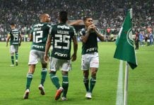 O jogador Dudu, da SE Palmeiras, comemora seu gol contra a equipe do CSD Colo-Colo, durante partida valida pelas quartas de final (volta), da Copa Libertadores, na Arena Allianz Parque.