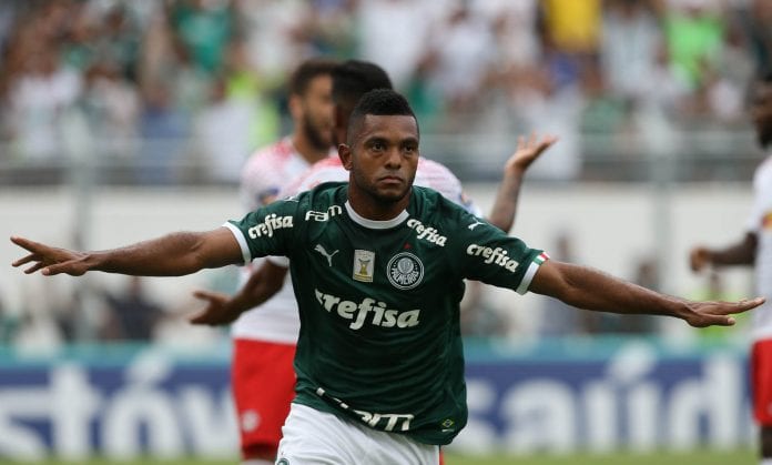 O jogador Borja, da SE Palmeiras, comemora seu gol contra a equipe do Red Bull Brasil, durante partida valida pela primeira rodada, do Campeonato Paulista, Série A1, no Estádio Moisés Lucarelli.