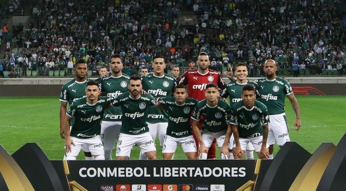 O time da SE Palmeiras, posa para foto em jogo contra a equipe do CD Godoy Cruz AT, durante partida de volta, válida pelas oitavas de final, da Copa Libertadores, na Arena Allianz Parque.