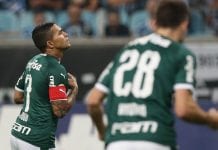 O jogador Dudu, da SE Palmeiras, comemora seu gol contra a equipe do Grêmio FBPA, durante partida válida pela décima quinta rodada, do Campeonato Brasileiro, Série A, na Arena do Grêmio.