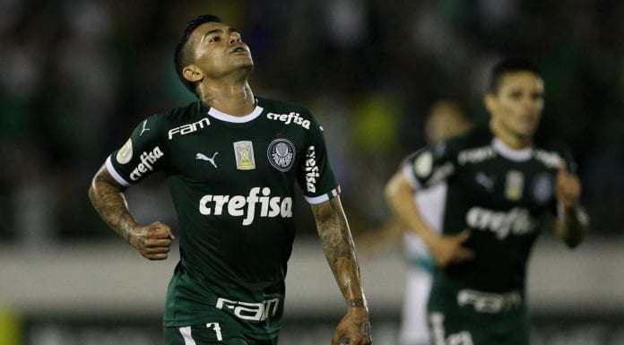 O jogador Dudu, da SE Palmeiras, comemora seu gol contra a equipe do Goiás EC, durante partida válida pela trigésima sétima rodada, do Campeonato Brasileiro, Série A, no Estádio Brinco de Ouro da Princesa.