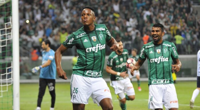 Yerri Mina comemorando gol com a camisa do Palmeiras. Foto: Reprodução/Jovem Pam