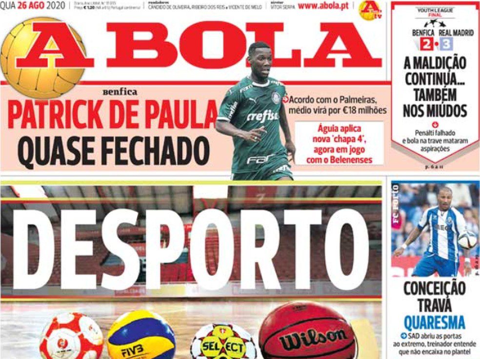 Jornal A Bola coloca Patrick de Paula, do Palmeiras, muito perto do Benfica.