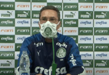 Vanderlei Luxemburgo concede entrevista coletiva após vitória do Palmeiras contra o Santos.