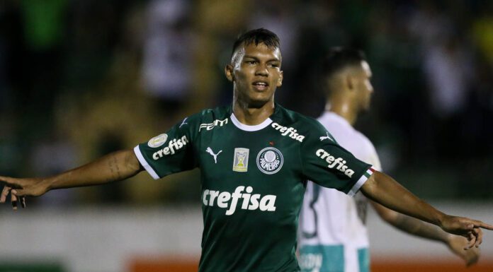 O jogador Gabriel Veron, da SE Palmeiras, comemora seu gol contra a equipe do Goiás EC, durante partida válida pela trigésima sétima rodada, do Campeonato Brasileiro, Série A, no Estádio Brinco de Ouro da Princesa.