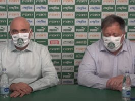Maurício Galiotte e Anderson Barros concedem coletiva na Academia de Futebol do Palmeiras.