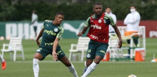 Os jogadores Danilo e Emerson Santos (D), da SE Palmeiras, durante treinamento, na Academia de Futebol. (Foto: Cesar Greco)