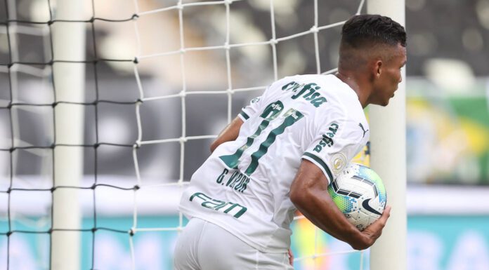 O jogador Gabriel Veron, da SE Palmeiras, comemora seu gol contra a equipe do Ceará SC, durante partida válida pela trigésima segunda rodada, do Campeonato Brasileiro, Série A, na arena Castelão. (Foto: Cesar Greco)