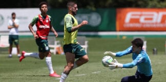 O jogador Zé Rafael e o goleiro Vinicius (D), da SE Palmeiras, durante treinamento, na Academia de Futebol. (Foto: Cesar Greco)