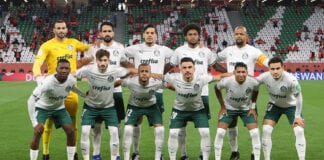 O time da SE Palmeiras, posa para foto em jogo contra a equipe do Al Ahly SC, durante partida válida pelo terceiro e quarto lugar, da Copa do Mundo de Clubes da FIFA 2020, no Estádio Education City. (Foto: Cesar Greco)