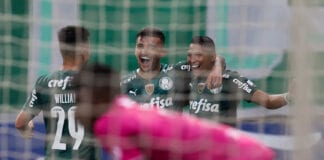 O jogador Rony, da SE Palmeiras, comemora seu gol contra a equipe do CARE Independiente Del Valle, durante partida válida pela fase de grupos, da Copa Libertadores, na arena Allianz Parque. (Foto: Cesar Greco)