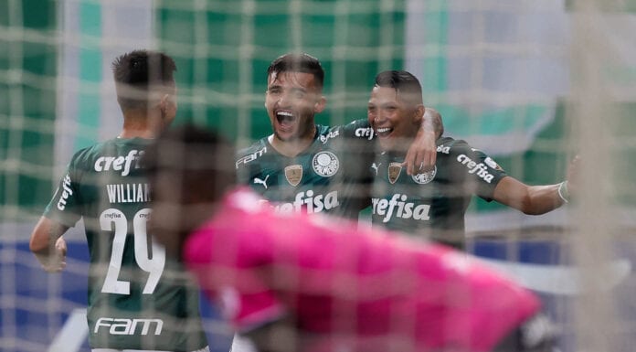 O jogador Rony, da SE Palmeiras, comemora seu gol contra a equipe do CARE Independiente Del Valle, durante partida válida pela fase de grupos, da Copa Libertadores, na arena Allianz Parque. (Foto: Cesar Greco)