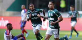 O atacante Dudu, da SE Palmeiras, comemorando gol contra o Bahia, em 2019. (Foto: Cesar Greco)