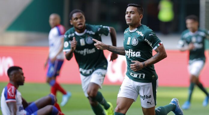 O atacante Dudu, da SE Palmeiras, comemorando gol contra o Bahia, em 2019. (Foto: Cesar Greco)