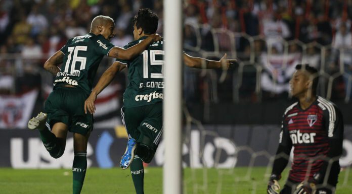 Gustavo Gómez e Deyverson, os autores dos gols do Palmeiras na última vitória no Morumbi (Foto: Divulgação/Palmeiras)