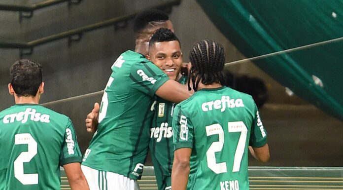 Miguel Borja comemora gol com jogadores do Palmeiras