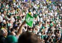 Palmeirenses com bandeira do Palmeiras no Allianz Parque