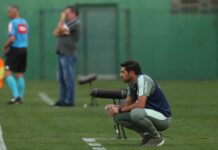 O técnico Abel Ferreira, da SE Palmeiras, em jogo contra a equipe da A Chapecoense F, durante partida válida pela vigésima rodada, do Campeonato Brasileiro, Série A, na Arena Condá. (Foto: Cesar Greco)