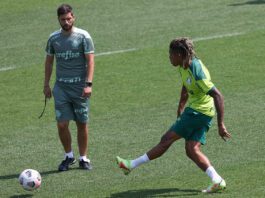 O auxiliar técnico Carlos Martinho e o jogador Danilo (D), da SE Palmeiras, durante treinamento, na Academia de Futebol. (Foto: Cesar Greco)