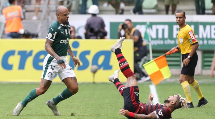 Felipe Melo em disputa de bola com Gabriel Barbosa, do Flamengo, em jogo válido pelo Campeonato Brasileiro, no Allianz Parque (Foto: Cesar Greco)