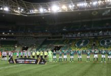 O time da SE Palmeiras, em jogo contra a equipe do C Atlético Mineiro, durante partida válida pelas semifinais, ida, da Copa Libertadores, na arena Allianz Parque. (Foto: Cesar Greco)