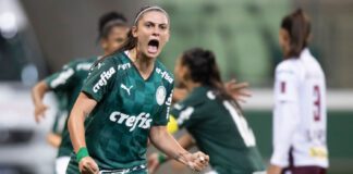 Bruna Calderan, Atleta da SE Palmeiras, comemora gol contra a Ferroviária, em jogo válido pela 1ª rodada do Brasileirão Feminino 2021. (Foto: Lucas Figueiredo/CBF)