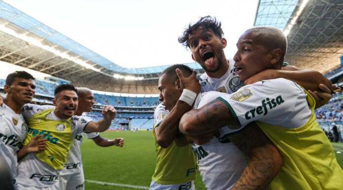 O jogador Breno Lopes, da SE Palmeiras, comemora seu gol contra a equipe do Grêmio FBPA, durante partida válida pela vigésima nona rodada, do Campeonato Brasileiro, Série A, na Arena do Grêmio. (Foto: Cesar Greco)