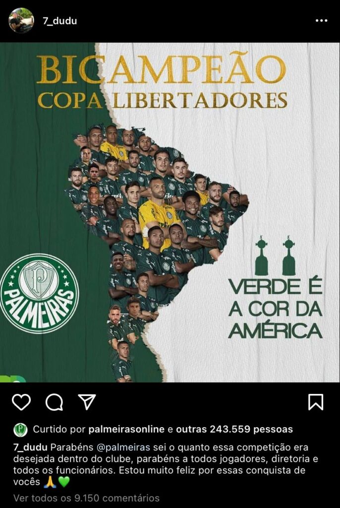 Dudu parabenizando o Palmeiras pela conquista da Libertadores sobre o Santos em 2020
