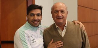 O técnico Abel Ferreira, da SE Palmeiras, recebe a visita do ex-técnico do clube Felipão (D), em hotel de concentração da equipe, em Caxias do Sul. (Foto: Cesar Greco)