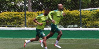 Os jogadores Jorge e Felipe Melo (D), da SE Palmeiras, durante treinamento, na Academia de Futebol. (Foto: Cesar Greco)
