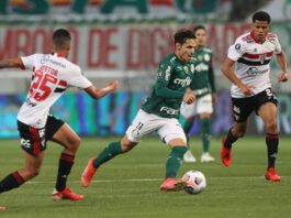 O meia Raphael Veiga durante partida válida contra o São Paulo pela Libertadores, no Allianz Parque (Foto: Cesar Greco/Palmeiras)