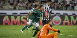 Dudu comemorando o gol marcado contra o Atlético-Mg - Semifinal da Libertadores 2021 (Divulgação/Palmeira)
