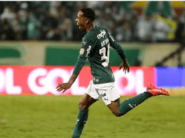 Kevin, da SE Palmeiras, após marcar seu gol diante o Ceará, pela equipe principal. (Foto: Fabio Menotti)