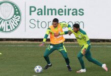 Os jogadores Dudu e Rony (D), da SE Palmeiras, durante treinamento, na Academia de Futebol. (Foto: Cesar Greco)