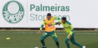 Os jogadores Dudu e Rony (D), da SE Palmeiras, durante treinamento, na Academia de Futebol. (Foto: Cesar Greco)