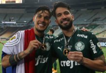 Zagueirso Gustavo Gómez e Luan, do Palmeiras