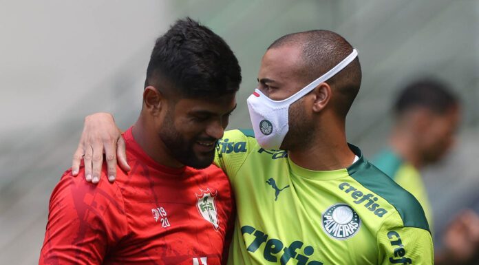 O jogador Mayke, da SE Palmeiras, e o atacante Luan, ex-Palmeiras, pela Portuguesa (Foto: Cesar Greco)