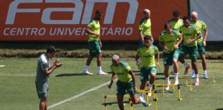 Os jogadores da SE Palmeiras, durante treinamento, na Academia de Futebol. (Foto: Cesar Greco)