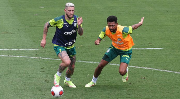 Os jogadores Zé Rafael e Matheus Fernandes (D), da SE Palmeiras, durante treinamento, na Academia de Futebol. (Foto: Cesar Greco)