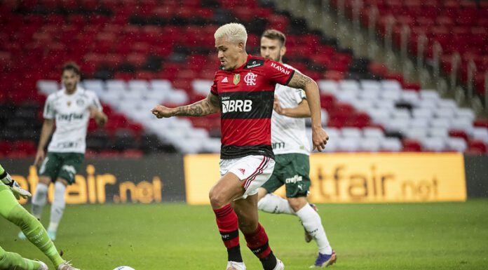 Pedro em ação pelo Flamengo durante a partida contra o Palmeiras no Campeonato Brasileiro de 2021 (Foto: Alexandre Vidal/Flamengo