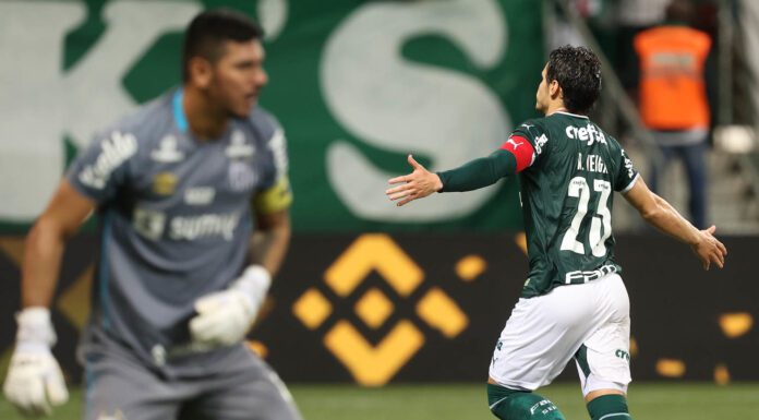 O jogador Raphael Veiga, da SE Palmeiras, comemora seu gol contra a equipe do Santos FC, durante partida válida pela décima primeira rodada, do Campeonato Paulista, Série A1, na Arena Allianz Parque. (Foto: Cesar Greco)