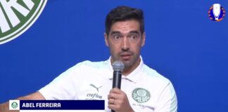 Técnico do Palmeiras, Abel Ferreira, em entrevista coletiva da final do Campeonato Paulista, disputada entre Palmeiras e São Paulo. (Foto: Reprodução Twitter)