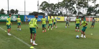 Jogadores da SE Palmeiras durante treinamento, na Academia de Futebol. (Foto: César Greco)