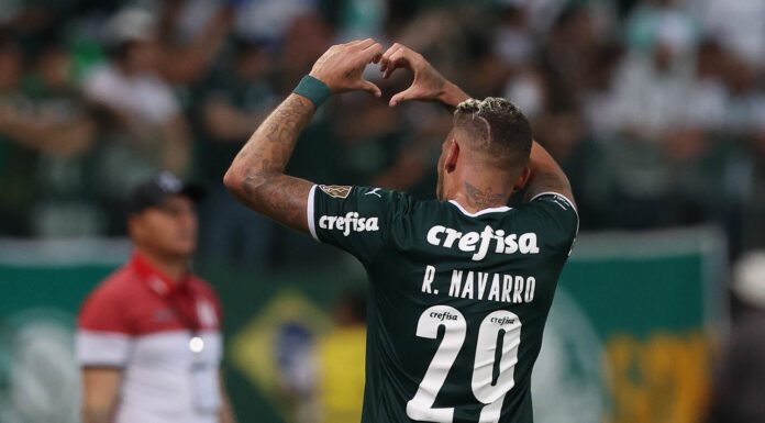 Jogador Rafael Navarro, da SE Palmeiras, comemorando seu gol, no jogo contra o Independiente Petrolero, pela fase de grupos da Libertadores 2022, no Allianz Parque (Foto: César Greco)