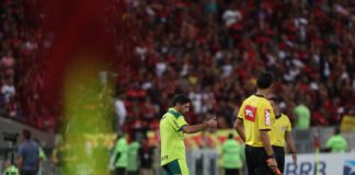 Abel Ferreira, da SE Palmeiras, disputa bola com o jogador, do CR Flamengo, durante partida válida pela terceira rodada, do Campeonato Brasileiro, Série A, no Estádio do Maracanã. (Foto: Cesar Greco)