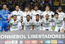 O time da SE Palmeiras, posa para foto em jogo contra a equipe do Deportivo Táchira FC, durante partida válida pela fase de grupos, da Copa Libertadores, no Estádio Pueblo Nuevo. (Foto: Cesar Greco)